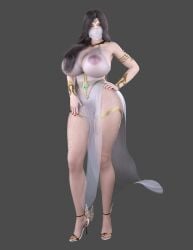 3d artist_name black_hair circlet dress gold_(metal) gold_armlet gold_jewelry green_eyes hand_on_hip high_heels large_ass large_breasts long_hair red_nails sheer thick_thighs veil