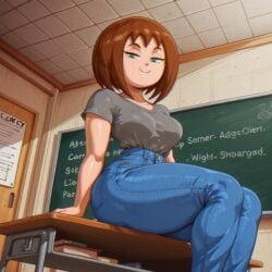 ai_generated tifokoh57 style_emulation lowgradef_(copyright) 1girls female history_teacher_(lowgradef) light_skin light-skinned_female green_eyes brown_hair medium_hair female_only solo three-quarter_view three-quarter_portrait from_below feet_out_of_frame sitting on_desk looking_at_viewer half-closed_eyes smile c: closed_mouth raised_eyebrows arm_support curvy thick_thighs medium_breasts breasts grey_shirt short_sleeves jeans blue_pants blue_jeans classroom classroom_desk desk indoors day sunlight book door chalkboard tile_ceiling clothed clothed_female human