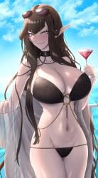 absurd_res bare_shoulders bikini black_hair blush breasts cleavage fate/apocrypha fate_(series) female_only glass highres large_breasts long_hair looking_at_viewer navel pointy_ears semiramis_(fate) shiroshisu sidelocks sky solo sunglasses swimsuit yellow_eyes