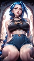 ai_generated arcane bare_shoulders blue_hair breasts from_below hourglass_figure jinx_(league_of_legends) league_of_legends midriff riot_games seduction seductive seductive_body seductive_gaze seductive_look seductive_pose shiny short_shorts sitting sky4maleja tattoo tattoo_on_arm tattoos thick_thighs