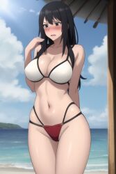 1girls beach bikini black_eyes black_hair blush breasts curvy_figure female hair_between_eyes hibana kunoichi_(game) large_breasts long_hair nightshade_(game) pale_skin white_bikini_top