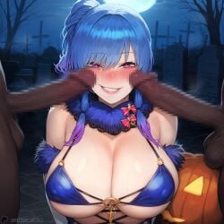 1-a_dot 1girls 2boys ai_generated azur_lane balls big_breasts blue_hair blush breasts dangerous_beast dark-skinned_male dark_skin female grin halloween halloween_costume interracial large_breasts looking_at_viewer male penis pumpkin side_ponytail smile st._louis_(azur_lane)