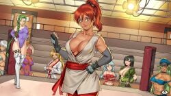 6+girls abs arianne_(hentai_heroes) black_hair blonde_hair blue_eyes blue_leotard boots braid breasts brown_eyes cg clarisse_(hentai_heroes) cleavage cosplay crossed_arms dark-skinned_female dark_skin dougi elbow_gloves female fingerless_gloves gemini_(hentai_heroes) gloves green_hair hand_on_own_hip hat hentai_heroes indoors kimie_(hentai_heroes) large_breasts leotard long_hair looking_at_viewer multiple_girls muscular muscular_female nataly_(hentai_heroes) navel official_art parody ponytail purple_leotard red_battler_(hentai_heroes) red_hair rumiko_(hentai_heroes) sash short_hair single_braid smile thigh_boots thighhighs toned white_footwear