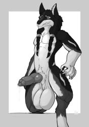 2024 absurd_res anatomically_correct anatomically_correct_genitalia animal_genitalia animal_penis anthro athoswolf1337 balls big_balls big_sheath black_and_white black_nose black_pawpads blue_eyes braided_hair brown_body brown_fur brown_hair canid canine canine_genitalia canine_penis canis claws digital_media_(artwork) digitigrade erection fur genitals gloves_(marking) grin hair heavy_balls hi_res huge_balls hyper hyper_balls hyper_genitalia inner_ear_fluff knot kroren long_hair looking_at_viewer male mammal markings monochrome multicolored_body multicolored_ears multicolored_fur pawpads penis presenting presenting_balls restricted_palette saggy_balls shaded sheath simple_background smile solo spread_legs spreading standing text tuft url wolf