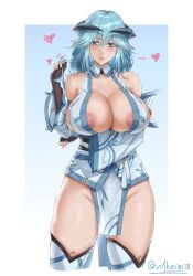 action_taimanin areolae bare_shoulders blue_eyes blue_hair blush cleavage female_only highres horns huge_breasts lapis_(action_taimanin) long_hair milf nipples oni pelvic_curtain pointy_ears solo taimanin_(series) thighhighs volleying