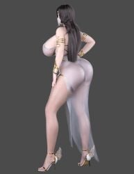 3d artist_request black_hair circlet dress gold_(metal) gold_armlet gold_jewelry green_eyes hand_on_hip high_heels large_ass large_breasts long_hair red_nails sheer thick_thighs veil