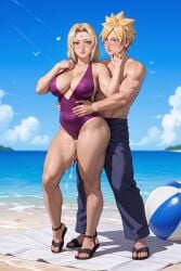 ai_generated beach couple cum_dripping_out_of_pussy demo003 naruto older_female swimsuit tsunade uzumaki_naruto younger_male