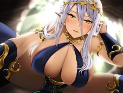 armlet blush circlet cleavage dress elf grey_hair highres jewelry large_breasts long_hair original pelvic_curtain pointy_ears smile solo tan thighhighs yellow_eyes yunamaro