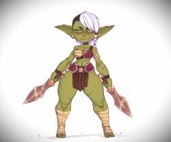 2d_animation 4_fingers 4_toes animated armlet armor bandage breastplate brown_eyes choker ear_piercing fantasy feet female female_focus fingers gladiator gladiatrix gladius goblin goblin_female green_body green_skin hair hi_res humanoid idle jewelry leather leather_armor melee_weapon muscular_female necklace one_eye_closed palurdas_(artist) piercing pteruges scar short_stack shortstack smile sword tagme thick_thighs toes uri_v_art video warrior weapon white_hair wink