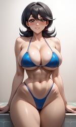 ai_generated arms_at_sides bikini black_hair blue_bikini brown_eyes cameltoe cleavage female groin highleg_bikini hourlgass_figure huge_breasts looking_at_viewer mindy_(yu-gi-oh!) momoe_hamaguchi narrow_waist slim_waist smile solo thick_thighs thin_waist wide_hips yu-gi-oh!_gx zakvar