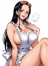 ai_generated alluring almost_naked almost_nude apron apron_only big_breasts black_hair blue_eyes blush breasts female female_only glasses long_hair looking_at_viewer nico_robin one_piece open_mouth post-timeskip seducing seduction seductive seductive_body seductive_eyes seductive_gaze seductive_look seductive_mouth seductive_pose seductive_smile shiny_hair shiny_skin steamy_breath sunglasses sunglasses_on_head voluptuous voluptuous_female yashin