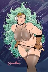 amartbee big_breasts crop_top dragon_ball dragon_ball_super female genderswap_(mtf) granolah green_hair heterochromia long_hair painted_nails pose pubic_hair pussy rule_63 thigh_highs translucent_clothing underwear