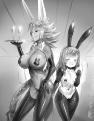 2girls breasts fake_animal_ears female female_only jiffic maebari monochrome pasties reverse_bunnysuit size_difference