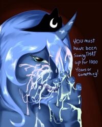 black_sclera blue_eyes blue_hair blue_skin breasts bukkake cum cum_in_mouth cum_on_body cum_on_hair cum_on_tongue cum_on_upper_body dated english_text facial fellatio female hair_over_one_eye long_hair looking_at_viewer monster_girl oral penis solo tongue tongue_out uncensored