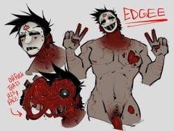 1boy bileshroom blood edgee_(bileshroom) gore happy_trail male_only mask masked masked_male original original_character peace_sign penis penis_out pinup reference_image reference_sheet sketch_page