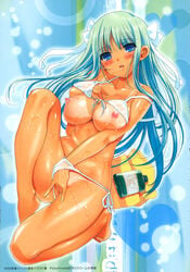 1girls barefoot bikini blue_eyes blush bow breasts cleavage erect_nipples female fingering front-tie_top green_hair hairbow high_resolution kiya_shii kneeling large_breasts long_hair lotion masturbation nipples oil original side-tie_bikini solo string_bikini sunscreen suntan_lotion swimsuit tan tanline towel wet