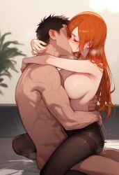 1boy 1girls ai_generated arms_around_neck bleach blush breasts exposed_breasts inoue_orihime kissing orange_hair penis sex stockings