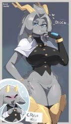 absurd_res alice_yagami anthro antlers ass big_butt biped blue_eyes bodily_fluids bovid butler_(pseudoregalia) butt_focus caprine clothing cute_fangs dialogue duo facesitting_request fangs female freckled_butt freckles fur goat grey_body grey_fur grey_tail hi_res horn huge_butt hybrid jackalope lagomorph looking_back male mammal multicolored_body open_mouth open_smile pantsless_anthro pantsless_female pseudoregalia rear_view smile speech_bubble standing sweat sweaty_butt sybil_(pseudoregalia) tail teeth thick_thighs yellow_body