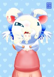 absurd_res accessory bijou_(hamtaro) bodily_fluids bow_ribbon cum cum_in_mouth cum_inside cum_on_face cum_on_penis cum_on_tongue duo extreme_size_difference female female_feral feral fur genital_fluids genitals hair_accessory hair_ribbon hairbow hamtaro_(series) hamtaroso heart_background hi_res human human_on_feral humanoid_genitalia humanoid_penis interspecies larger_human larger_male male mammal pattern_background penis ribbons signature simple_background size_difference smaller_female smaller_feral tongue tongue_out white_body white_fur zoophilia