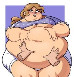 1girls ass bbw belly belly_grab big_ass big_belly big_breasts blush breasts chubby clothing disembodied_hands disney double_chin fat fat_belly fat_woman female gravity_falls groping groping_belly hands_on_belly huge_belly huge_breasts light_brown_hair looking_up melody_(gravity_falls) morbidly_obese morbidly_obese_female obese obese_female overweight overweight_female polka_dot ponytail purple_shirt short_hair shorts sitting ssbbw stuffed stuffed_belly superspoe underboob white_shorts wide_hips