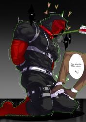 1boy 1other arms_behind_back bara black_hoodie bulge chain_leash chains deadseven77 domination dominatrix heart highres hood hoodie kneeling leash monsterxmediator nauseaxe_404 pet_play red_blindfold shaking shoes submission