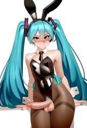 1futa ai_generated altra_x blue_eyes blue_hair blush bunny_ears bunnysuit futanari hatsune_miku looking_at_viewer pantyhose penis playboy_bunny small_breasts smile solo standing testicles tie twintails