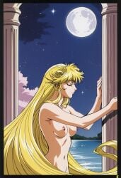 1990s ai_generated blonde_female blonde_hair breasts cleo_everlastin closed_eyes female from_side long_hair majutsushi_orphen night nipples retro_artstyle small_breasts smile