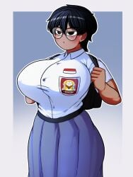 big_breasts black_hair dark-skinned_female dark_skin female glasses large_breasts long_skirt naufranzz nia_(naufranzz) original school_uniform short_hair solo