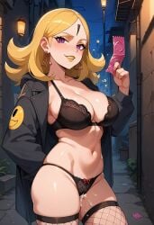 ai_generated big_breasts black_jacket blonde_female blonde_hair blonde_hair blush blush boruto:_naruto_next_generations boruto:_two_blue_vortex bra breasts cleavage condom cum cum_in_pussy delta_(boruto) dripping_cum dripping_pussy holding_condom jacket lingerie looking_at_viewer naruto naruto_(series) netting night open_clothes open_jacket outdoors partially_clothed partially_nude solo_female stockings street thong underwear