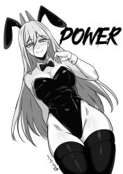 1girls bare_shoulders blush bunny_ears bunnysuit chainsaw_man demon demon_girl demon_horns female gato_gratam horns legwear long_hair monochrome power_(chainsaw_man) solo solo_female stockings thighhighs