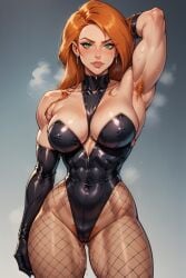 abs ai_generated beautiful_females big_breasts bodybuilder disney disney_channel female_bodybuilder green_eyes kim_possible kimberly_ann_possible latex_gloves latex_suit muscled_female muscular_arms muscular_legs muscular_thighs orange_hair red_hair redhead shoulders small_waist