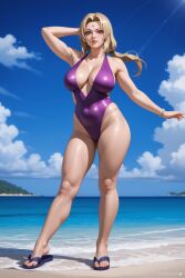 ai_generated beach demo003 flip_flops naruto one-piece_swimsuit purple_swimsuit tsunade