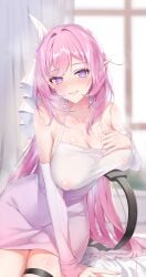 bare_shoulders blush cleavage covered_erect_nipples dress elysia_(honkai_impact) female_only hair_ornament highres honkai_(series) honkai_impact_3rd large_breasts long_hair meisansan pink_hair pointy_ears purple_eyes sitting smile solo steam sweat