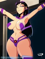 1girls big_breasts black_hair blackfire breasts cartoon_network dc dc_comics frostbiteboi komand'r large_breasts looking_at_viewer new_52 purple_eyes solo starfire_(cosplay) teen_titans thighs warner_brothers wide_hips