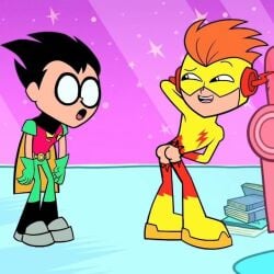 gay kid_flash_(teen_titans_go!) nsfw robin_(teen_titans_go!) tease teasing teen_titans_go! torn_clothes torn_clothing torn_pants torn_spandex yaoi