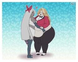 2girls :o charlie_morningstar_(hazbin_hotel) demon fat fat_fetish fat_rolls female heart holding_belly morbidly_obese morbidly_obese_female muffin_top obese tagme tagme_(artist) tight_clothing vaggie_(hazbin_hotel) wardrobe_malfunction weight_gain