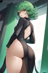 1girls ai_generated ass ass_focus clowenqq dress female from_behind from_below green_eyes green_hair looking_at_viewer looking_back one-punch_man short_hair tatsumaki thick_thighs thighs