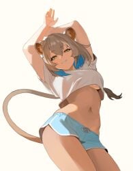 bellybutton brown_hair crop_top crop_top_overhang exposed_torso eyebrows_visible_through_hair gold_eyes hazumi_aileen indie_virtual_youtuber lion_ears lion_girl lion_tail no_bra shorts smile smiling smiling_at_viewer thernz underboob virtual_youtuber vtuber