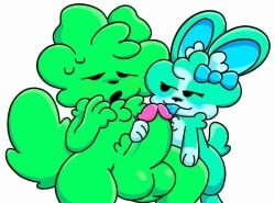 big_balls big_penis blowjob blush bow bunny bunny_ears bunny_tail cyan_fur dave_and_bambi_mod fluffy fluffy_ears fluffy_hair fluffy_tail furry_tail green_fur green_penis horny licking licking_penis licking_tip looking_at_partner pink_tip silly_(lancey) sweat sweating sweaty white_fur winter_(lancey)