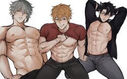 3boys abs alhaitham_(genshin_impact) blue_eyes childe_(genshin_impact) fanservice genshin_impact ginger grey_hair licking_lips licking_own_lips looking_at_viewer male male_focus male_only muscular muscular_male nokkusuart open_shirt pecs pectorals shirt_lift shirt_up shirtless shirtless_male solo_male tartaglia_(genshin_impact) thick_thighs wriothesley_(genshin_impact)