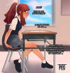 1girls chastity_belt chastity_device comic desk english_text exhibitionism female female_chastity female_only horny nervous orgasm_denial red_hair school school_uniform skirt skirt_lift sweaty tang text thighs