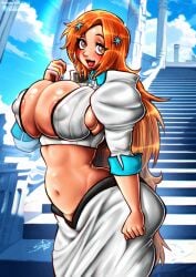 areola belly big_breasts bleach bleach:_the_thousand-year_blood_war bluewolfartista ginger_hair huge_breasts inoue_orihime massive_breasts nipple_bulge nipples wide_hips