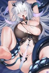 areola_slip artist_name azur_lane barefoot breasts covered_erect_nipples fancy_(azur_lane) feet female foreshortening hair_between_eyes highres huge_breasts iino_(isnyong) long_hair looking_at_viewer lying multiple_tongues navel on_back soles solo spread_legs tentacle tentacle_tongue torn_clothes very_long_hair white_eyes white_hair