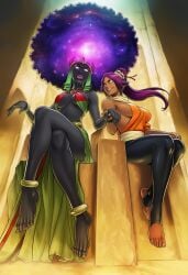 2girls african_mythology afro ai_generated barefoot bastet bastet_(marvel) black_panther_(marvel) dark-skinned_female deity female female_only from_below galaxy holding_hands marvel marvel_comics shihouin_yoruichi sitting sitting_on_chair throne