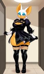 1girl ai_generated alternate_costume anthro big_breasts cleavage female female_only furry furry_female gloves indoors nervous nervous_smile nier:_automata pixai rouge_the_bat self_upload solo solo_female sonic_(series) sonic_the_hedgehog_(series) superdomfuta teal_eyes thick_thighs thighhighs yorha_2b_(cosplay)