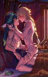 2males aether_(genshin_impact) blue_hair blush closed_eyes drooling_cum genshin_impact gloves grabbing green_eyes holding_head kinich_(genshin_impact) kissing looking_at_another male_only muscular_male muscular_twink penis_on_penis precum sitting_on_lap tongue_kiss tongue_out yanayaa_a