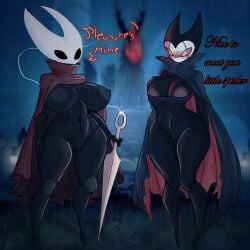 1:1 absurd_res anthro areola arthropod ass big_breasts big_butt black_body blush bodily_fluids breasts clothed clothing digital_media_(artwork) duo female female/female genital_fluids genitals grimm_(hollow_knight) hi_res holding_object holding_weapon hollow_knight hornet_(hollow_knight) insects melee_weapon mtf_crossgender nipples nude pussy red_eyes rule_63 smolreapy standing string team_cherry thick_thighs vaginal_penetration weapon