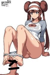 1boy arm_support artist_name bar_censor barefoot blue_shirt breasts censored closed_mouth commentary double_bun erection feet female foot_focus footjob full_body grey_eyes hair_bun hat long_hair looking_down medium_breasts neznekpixel panties panty_pull penis pixel_art poke_ball_print pokemon pokemon_bw2 pussy raglan_sleeves rosa_(pokemon) shirt sitting smirk soles solo_focus straight taut_clothes taut_shirt toes transparent_background twintails two-footed_footjob two-tone_shirt underwear visor_cap white_hat white_panties white_shirt