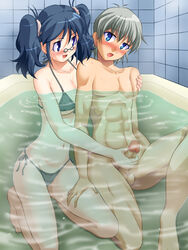 bathtub censored cfnm clothed_female_nude_male handjob hinata_aki keroro_gunsou penis reach_around saburo_mutsumi swimsuit water