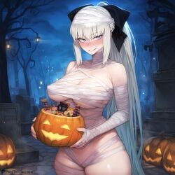 1-a_dot 1girls ai_generated bandages big_breasts blue_eyes blush breasts candy fate/grand_order fate_(series) female halloween halloween_bucket halloween_costume large_breasts long_hair looking_at_viewer morgan_le_fay_(fate) mummy_costume ponytail pumpkin silver_hair smile solo standing